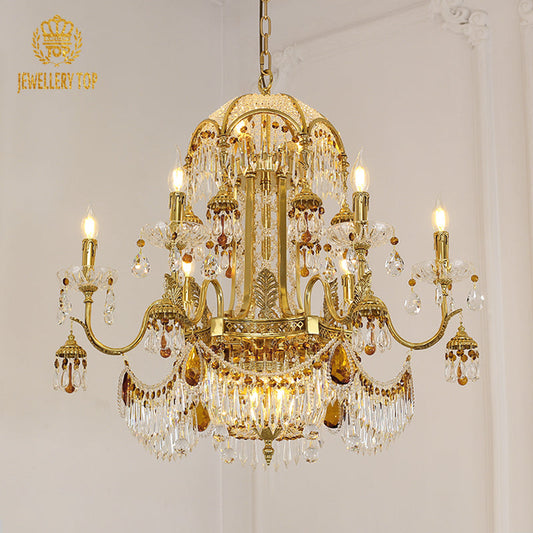 Frontal view of the Beaufort Crown Victorian Style Chandelier with domed crystal canopy