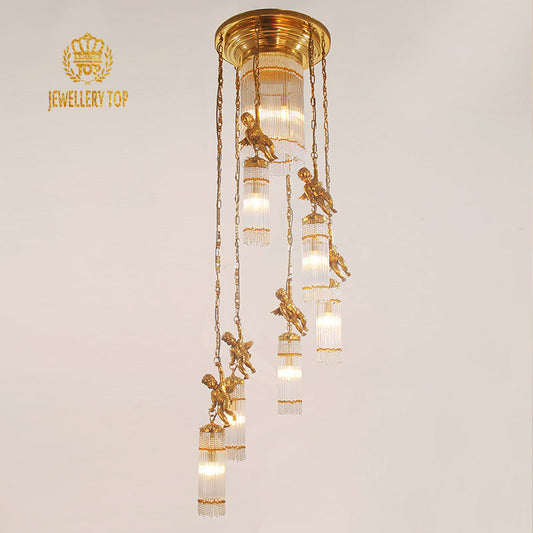 Celestial Ascent staircase chandelier showcasing intricate brass, crystal, and glass design