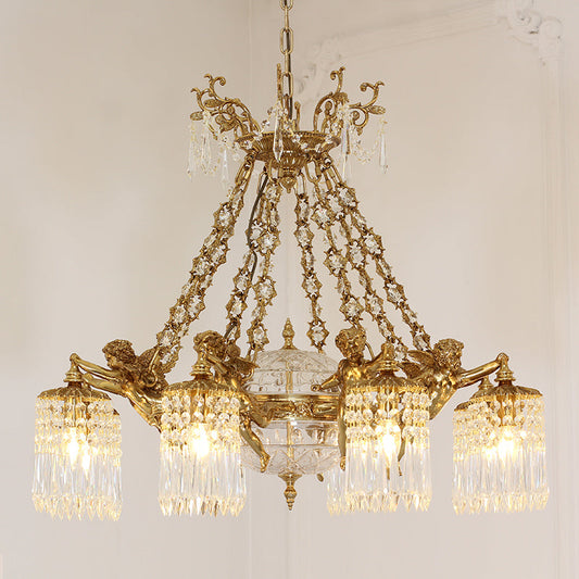 Finely detailed cherub supporting a vintage lamp shade on a brass arm.