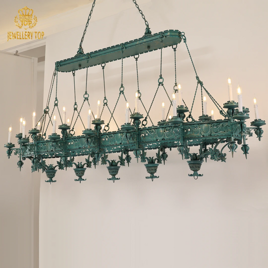 Vintage brass gothic chandelier with medieval details and patina finish.