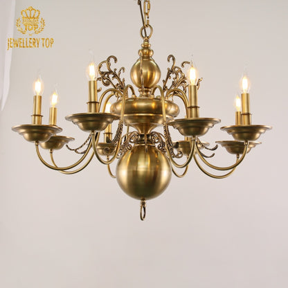 Georgian chandelier brass celestial scroll arms and engraved orb detail