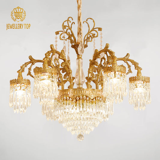Château de Lumière French crystal chandelier with Rococo brass detailing