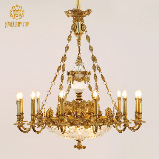 Chateau Lumière Antique French Chandelier with ornate brass arms