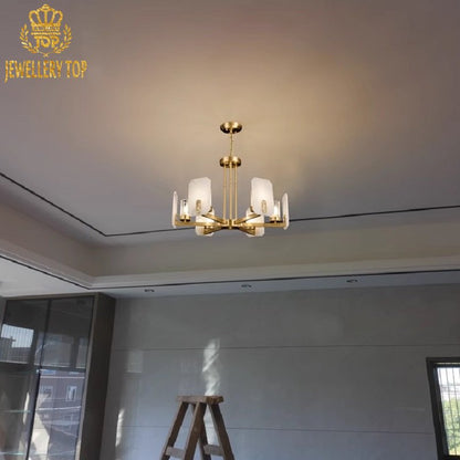 Organic vs. geometric contrast in sustainable alabaster and brass chandelier design