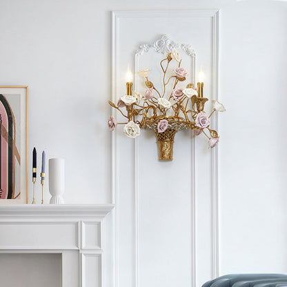 French Brass Wall Light With Purple Rose