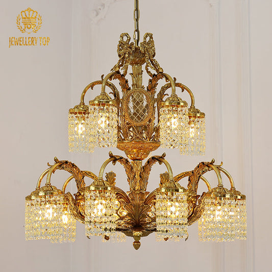 Double French Brass Chandelier with crystal shade - Jewellery Top Lighting