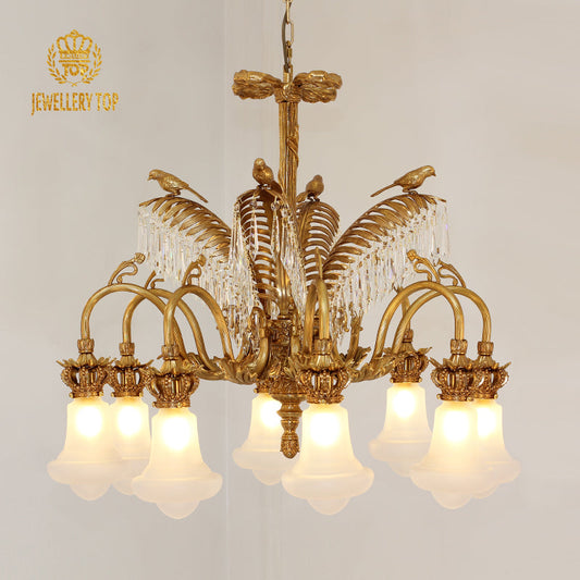 Early 20th Century Vintage Chandelier with brass leaves and birds