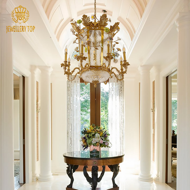 Warm, ambient lighting cast by the Eden Bloom chandelier’s frosted glass petals.