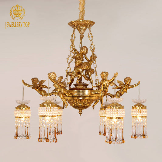 Antique brass chandelier featuring detailed cherub sculptures holding elegant glass pendants.