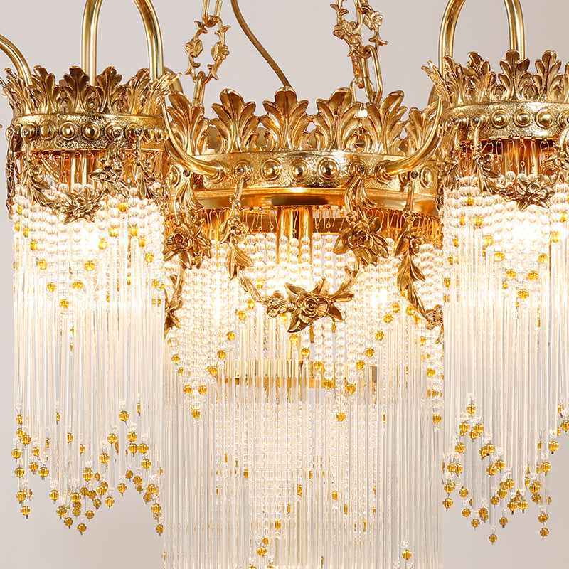 Close-up of delicate glass bead strands on antique chandelier