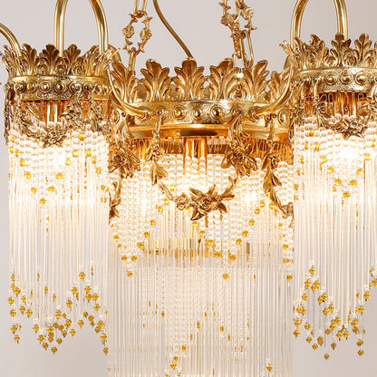Close-up of delicate glass bead strands on antique chandelier