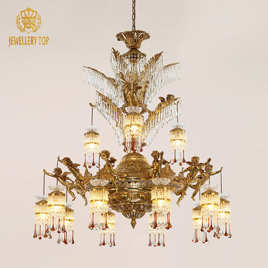 Vintage style chandelier with brass cherubs and crystal accents.