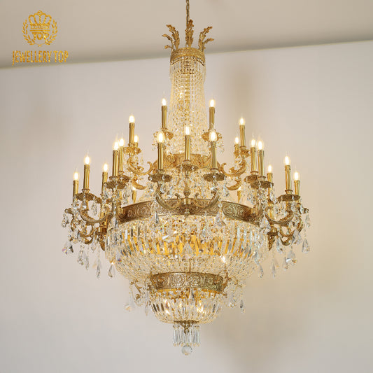 Lampadario di cristallo in ottone impero