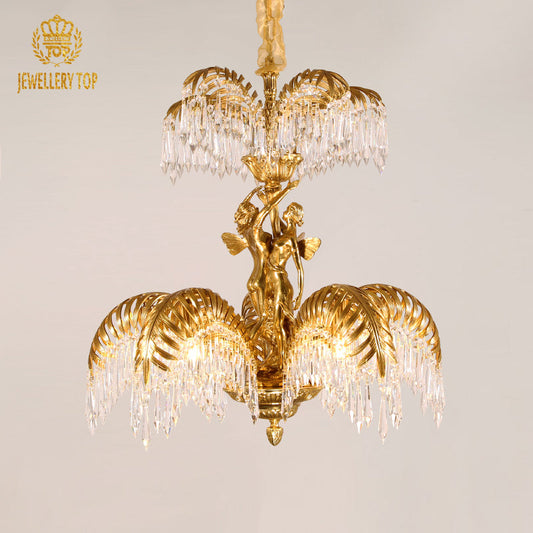Exquisite palm chandelier featuring elf figures and crystal accents in an elegant setting