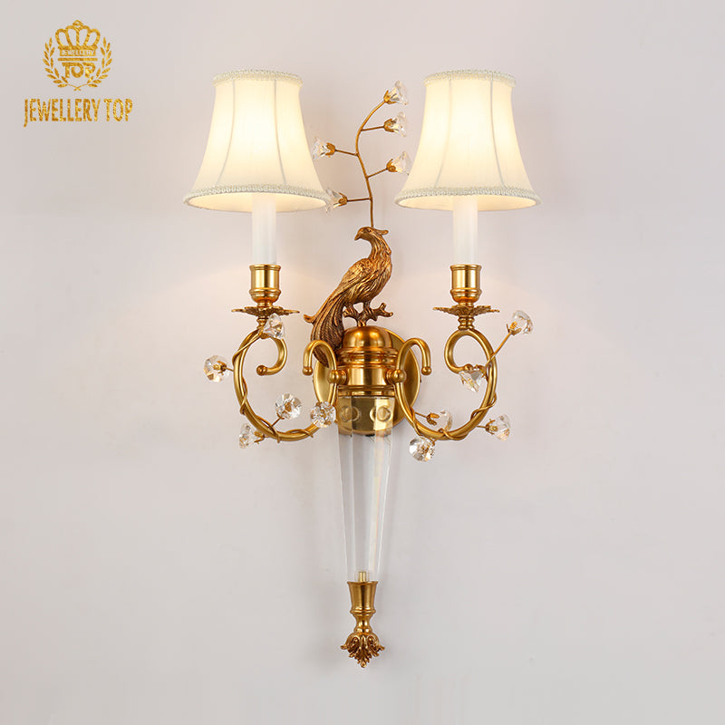 French Brass Peacock Crystal Decorative Wall Lamp