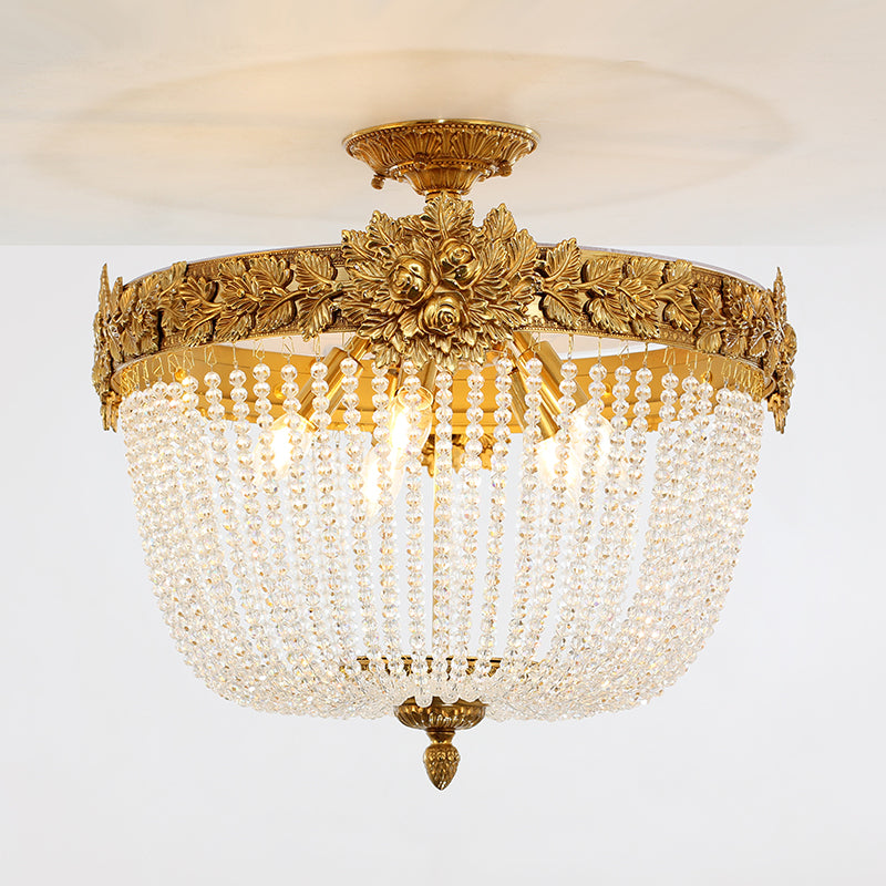 Crystal-beaded dome lighting fixture with romantic neoclassical detail.