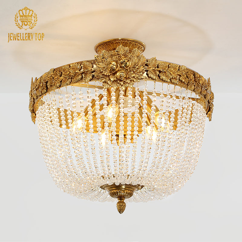 Florentia vintage flush mount ceiling light with golden floral brass crown.