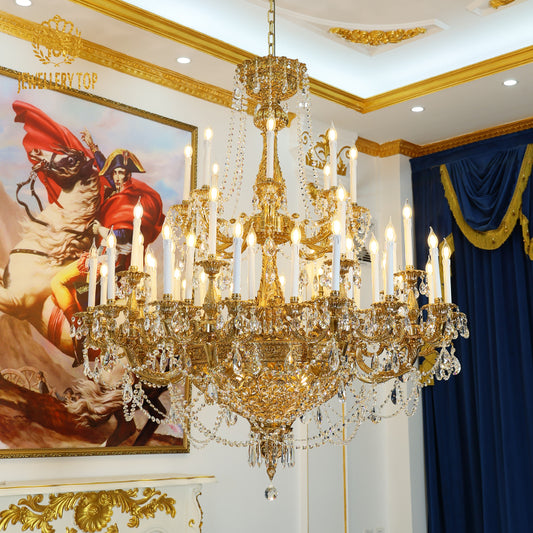 Lampadario in ottone francese con catena di cristalli