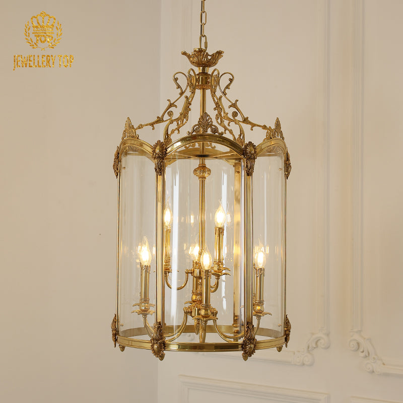 Classic Georgian lantern pendant lamp with intricate brass detailing and clear glass panels.