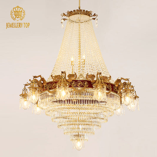 Elegant baroque chandelier with golden brass swan details and sparkling glass crystals.