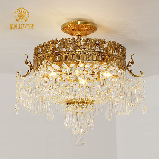 Antique ceiling lights featuring Hera-inspired brass crown with intricate detailing and crystals.