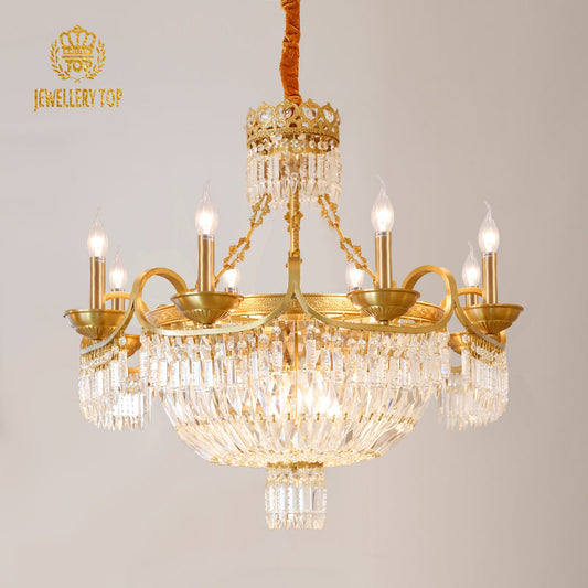 Imperial Radiance vintage chandelier showcasing polished brass and sparkling crystals