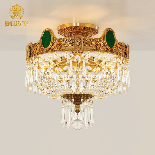 Emerald Empress Vintage Flush Mount Ceiling Light with brass and crystal