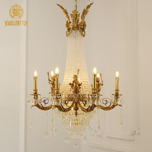 Apollo’s Gilded Cascade brass chandelier with cherub sculpture and crystal prisms
