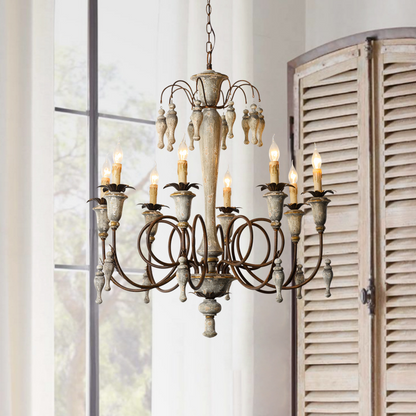 Sylvan Reverie country chandelier with willow-inspired arms in a rustic dining room