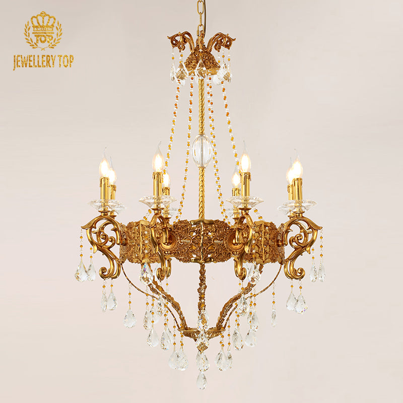 Lucienne Crown Victorian Style Chandelier with brass filigree and crystal bead chains