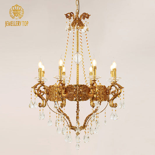 Lucienne Crown Victorian Style Chandelier with brass filigree and crystal bead chains
