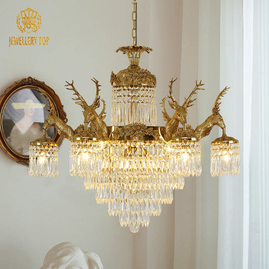 Lumière de Cerf French Crystal Chandelier with brass antlers and crystal drops