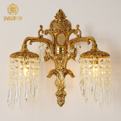Front view of the Mirabella Cascade brass wall sconce with two crystal-laden