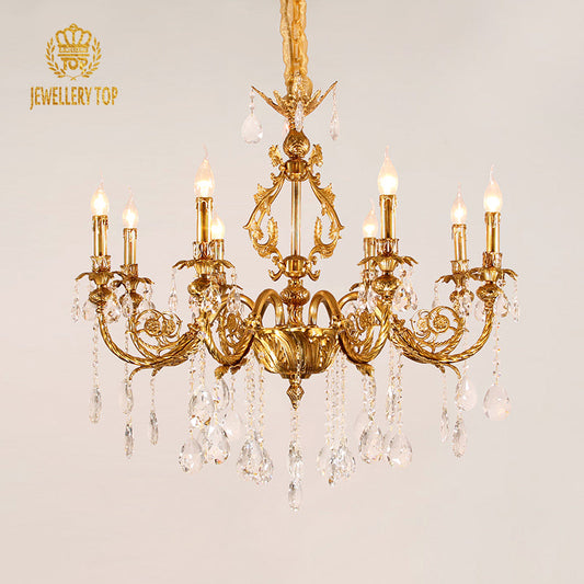 Front view of the Ophelia Regal Victorian Style Chandelier featuring polished brass and sparkling crystals.