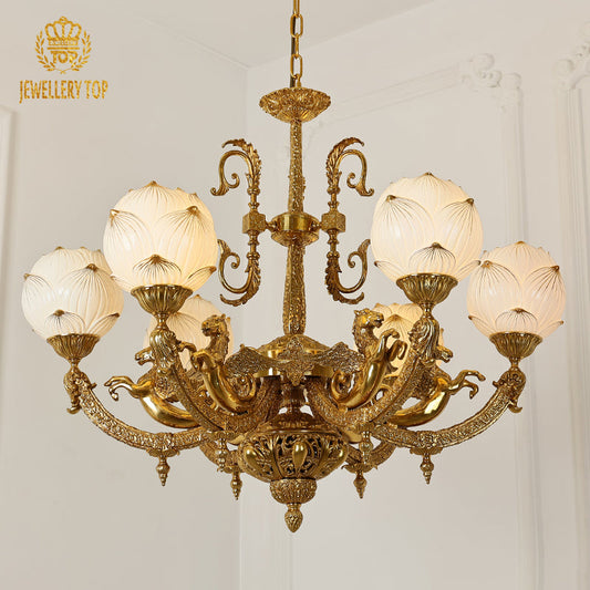 Antique French chandelie featuring brass Pegasus figures and ornate glass shades.
