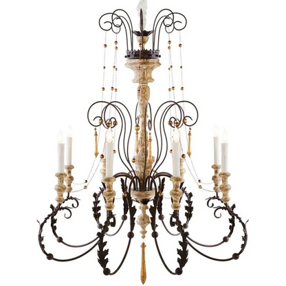 French vintage farmhouse chandelier with iron scroll arms and oak medallion in a rustic kitchen