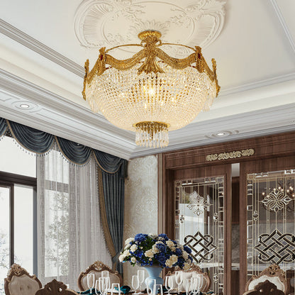 Elegant brass ceiling lamp illuminated, reflecting luxury Renaissance-inspired design.