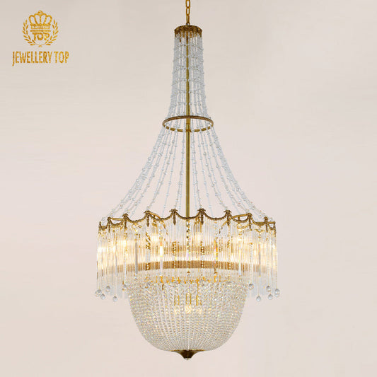 Rococo chandelier with brass frame and cascading glass crystals.