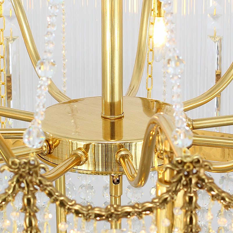 Polished brass central frame detail of Rococo chandelier.