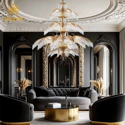 Elegant palm chandelier in luxurious living room, with brass and crystal detailing.