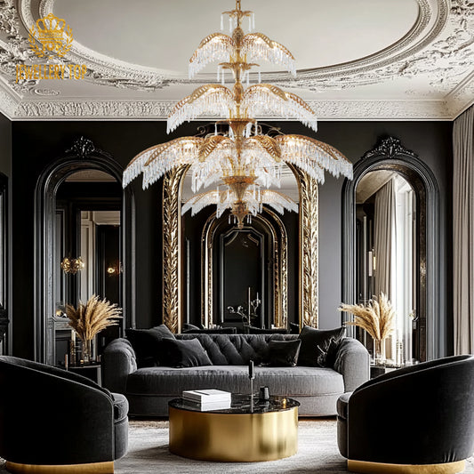 Elegant palm chandelier in luxurious living room, with brass and crystal detailing.