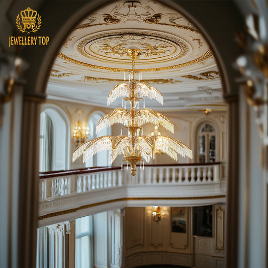 Tropical luxury lighting – The Palme d'Or Palm Chandelier in grand interior.