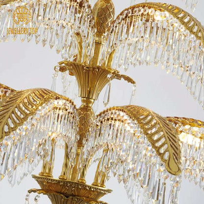 Brass palm chandelier with crystal accents, adding a touch of tropical elegance.
