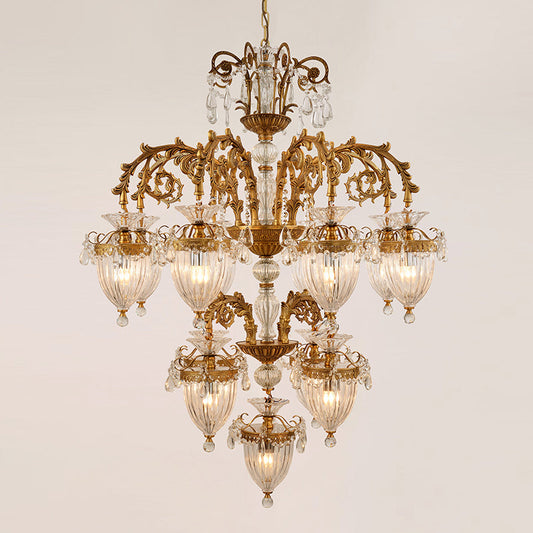 Theia vintage chandelier glass with brass branches and crystal lampshades.