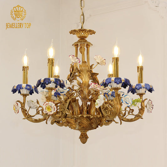 Verdant Bloom floral chandelier with brass frame and ceramic floral accents