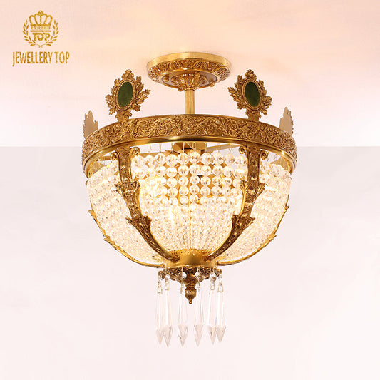 Verdisco vintage flush mount ceiling light with antique brass and green medallion details.