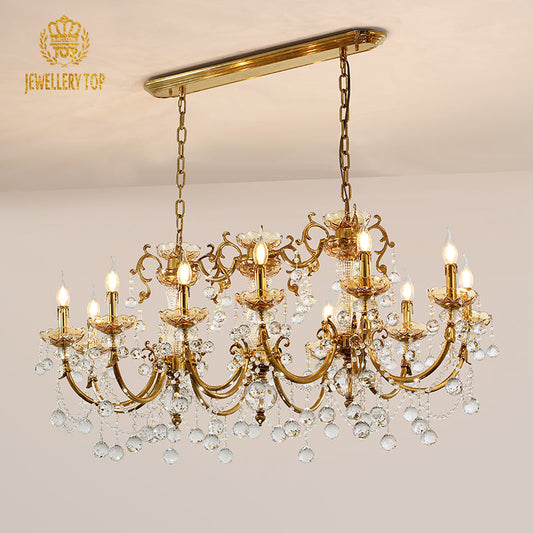 Victorian Banquet Dining Chandelier in polished brass with crystal droplets.