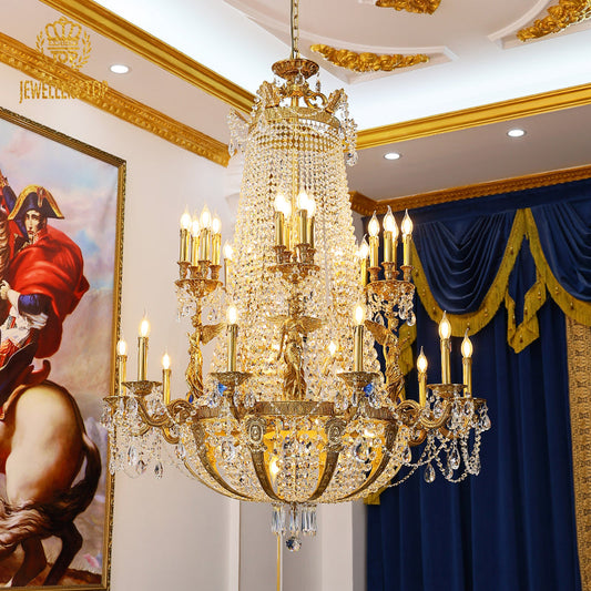 Victorian Majesty Crystal Chandelier with brass and crystal detailing in a grand foyer.